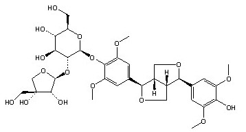 (-)-丁香树脂酚-4-O-β-D-呋喃芹糖基-(1→2)-β-D-吡喃葡萄糖苷分子结构图
