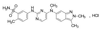 盐酸培唑帕尼对照品 英文:Pazopanib Hydrochoride 类别:化学对照品 结构式: 分子式: C21H23N7O2S·HCl 分子量: 473.98 CAS 号: 635702-64-6 用途:供 HPLC 法和 UV 法含量测定用 特性量值:盐酸培唑帕尼对照品以 C21H23N7O2S·HCl 计,供 HPLC 法测定,含量为 98.9%;供 UV 法测定,含量为 99.2%。 使用方法:使用前不需干燥处理 包装:棕色西林瓶 规格:30mg/支 贮藏:遮光,密闭,2-8℃保存。 声明:此对照品、标准品由中检计量:提供网站查询购买服务 注:点击cas,或者搜索:名称、编号、cas均可显示价格